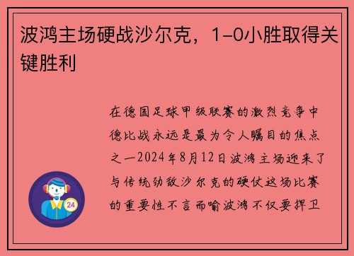 波鸿主场硬战沙尔克，1-0小胜取得关键胜利