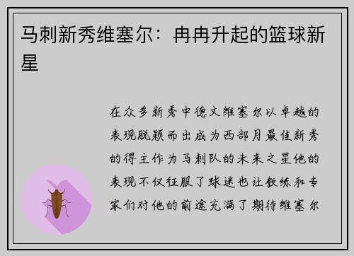 马刺新秀维塞尔：冉冉升起的篮球新星